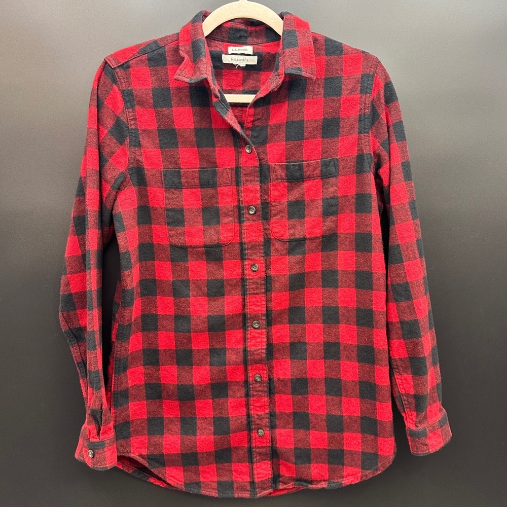 LL Bean Mens Red Black Buffalo Plaid Flannel Relaxed Fit Button Down Shirt